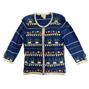 Just B Tropical Blue Pineapple Palm Trees Embellish Cardigan Cruise  Small FLAWS